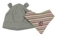 2set - Šedá žebrovaná čepice + pruhovaný slinták s kytičkou