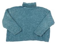 Modrozelený žinylkový crop oversize sveter s rolákom