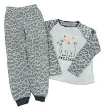 Bielo-sivo-tmavosivé vzorované chlpaté pyžama s mačičkou zn. PRIMARK