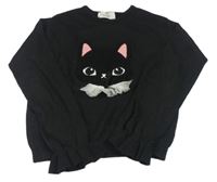 Čierny melírovaný sveter s mačičkou s flitrami a trblietkami a volánikmi H&M