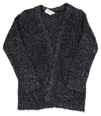 Čierno-strieborný chlpatý svetrový cardigan C&A