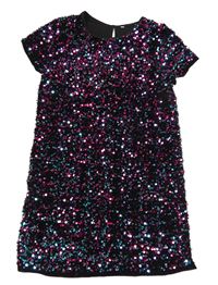 Čierno-tyrkysovo-tmavoružové zamatové flitrové šaty