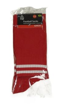 Nové - červené fotbalové štulpny s bílými pruhy vel. 34-37