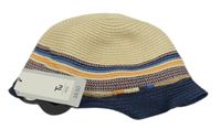 Nové - béžovo-tmavomodrý slaměný klobúk s pruhmi Tu
