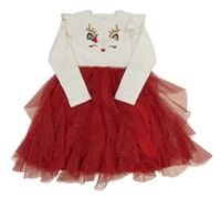 Červeno-bílé žebrované šaty se sobem a volánky a třpytivým tylem PRIMARK