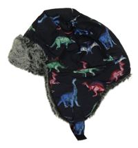 Černá šusťáková zateplená beranice s dinosaury a kožešinou C&A