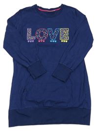 Tmavomodré teplákové šaty s nápisom a srdiečkami a vreckom bpc