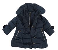 Tmavomodrý prošívaný šusťákový zimní kabát s mašlemi a límečkem Zara