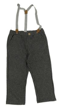 Tmavošedé pruhované chino kalhoty s kšandami C&A