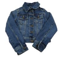 Tmavomodrá tepláková rifľová crop bunda s golierikom jumping beans