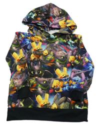 Čierno-farebná mikina s pokémony a vreckom a kapucňou