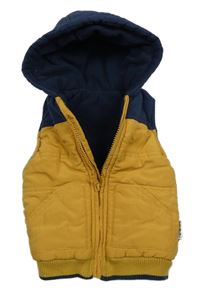 Tmavožluto/tmavomodrá prešívaná šušťáková zateplená vesta s kapucňou St. Bernard
