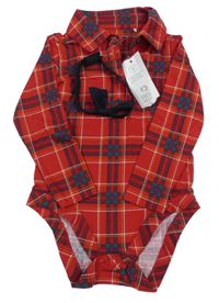 Nové - 2Set - Červeno-kostkované body s límečkem + černý motýlek F&F