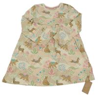 Nové - smetanovo-světlehnědo-pudrové šaty se zvířátky a kytičkami Mothercare