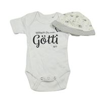 2set - Bílé body s nápisem + smetanová bavlněná čepice se slony