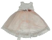 Bílo-světlerůžové slavnostní šaty s květinami a perlami