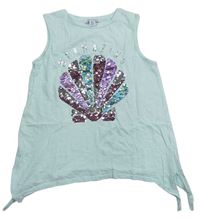 Mátový top s mušlí z překlápěcích flitrů a nápisem PRIMARK