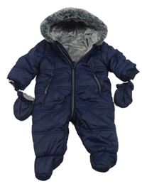 Tmavomodrá šusťáková zimní bunda s kapucí + rukavice George
