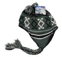 Nové - černo-šedá vzorovaná pletená čepice 