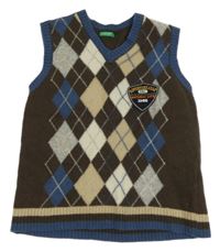 Hnedo-sivo-modrá károvaná vlnená vesta Benetton