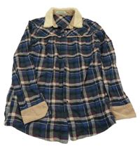 Tmavomodro-zelená kockovaná blúzka s huňatým golierom