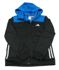 Černo-modrá sportovní funkční propínací mikina s logem a kapucí Adidas