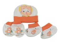 3set - Bielo-korálová čapica s kočičkou + bielo-korálové cápačky s kočičkami + rukavice
