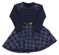 Tmnavomodré úpletové šaty s kostkovanou sukní a přezkou