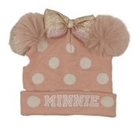 Růžovo-bílá puntíkatá čepice s bambulemi a mašlí Primark