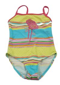 Barevné pruhované puntíkaté jednodílné plavky s květy 