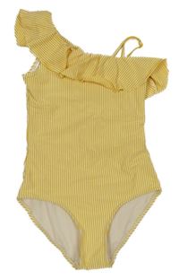 Žluto-bílé pruhované jednodílné plavky s volánkem H&M