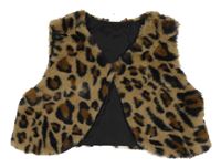 Béžovo-čierna kožušinová podšitá vesta s leopardím vzorom