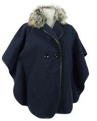 Dámské tmavomodré kabátové flaušové pončo s kožíškem 