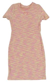 Žlto-neónově ružovo-fialové melírované rebrované šaty so srdiečkom