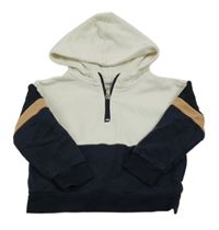 Bielo-tmavomodrá mikina s proužkem a kapucňou