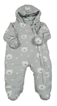 Šedá šusťáková zimní kombinéza s medvídky a kapucí Topomini