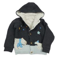 Tmavošedý propínací zateplený svetr s medvědem a kapucí M&S