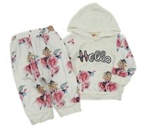 2 set - Bílá květovaná lehká mikina s kapucí + tepláky 