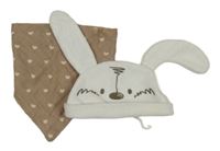 2set - Bílá sametová čepice - zajíc + hnědý slinták se srdíčky