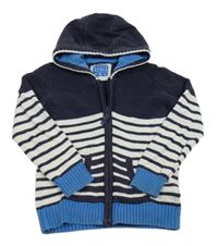 Tmavomodro-bílo-modrý pruhovaný propínací svetr s kapucí Tu