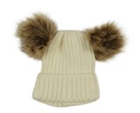 Smetanová pletená žebrovaná čepice s bambulemi