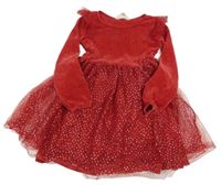 Červené svetrové žinylkové šaty s tylovou puntíkovanou sukní H&M