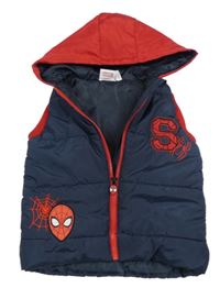 Tmavomodro-červená šusťáková prošívaná zateplená vesta se Spider-manem a kapucí Marvel