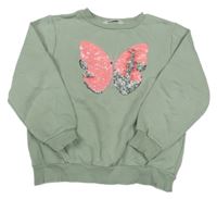 Zelenošedá oversize mikina s motýlem z překlápěcích flitrů H&M