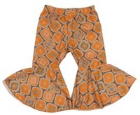 Hnedo-oranžové vzorované flare nohavice