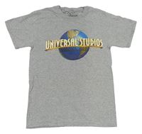 Sivé melírované tričko s planetou a nápisem - Universal Studios