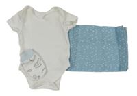 3Set - Bílé body Matalan + bílo/světlemodré rukavice s obrázky + modrá vzorovaná mušelínová plena F&F