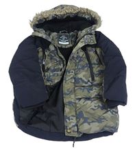 Army-čená prešívaná šušťáková zimná bunda s kapucňou s kožešinou George