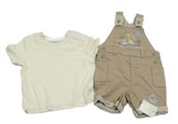 Nové - 2Set - Béžovohnědé cargo teplákové na traké kraťasy so žirafou + smotanové tričko George