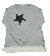 Šedé melírované triko s kometou a korálky/kamínky a šifonovým volánkem YIGGA